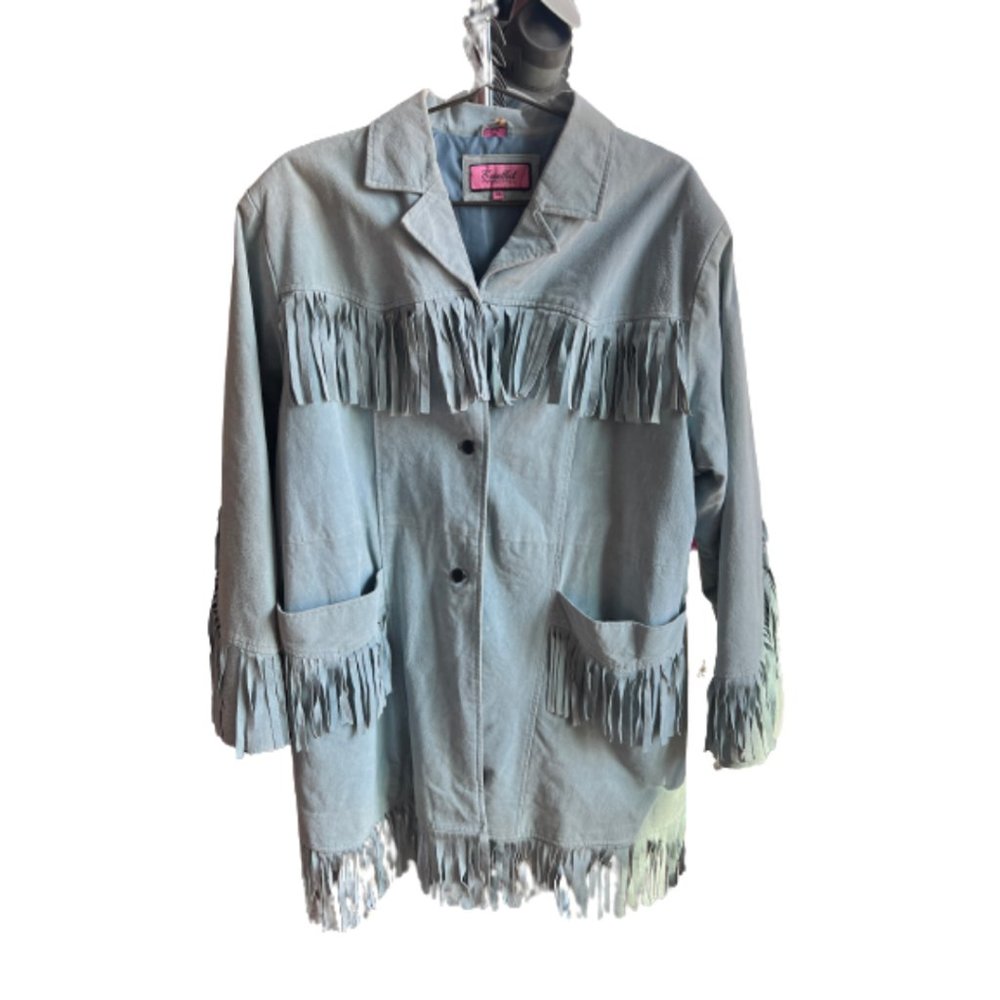 Vintage Excelled Collection Long Sleeve Button Front Fringe Denim Jacket Blue OS